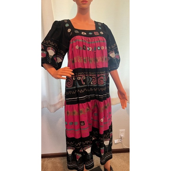 Vintage Ramona Rull Folk Art Festival Dress Pink Black Cotton Size S/M (P) - Picture 14 of 16